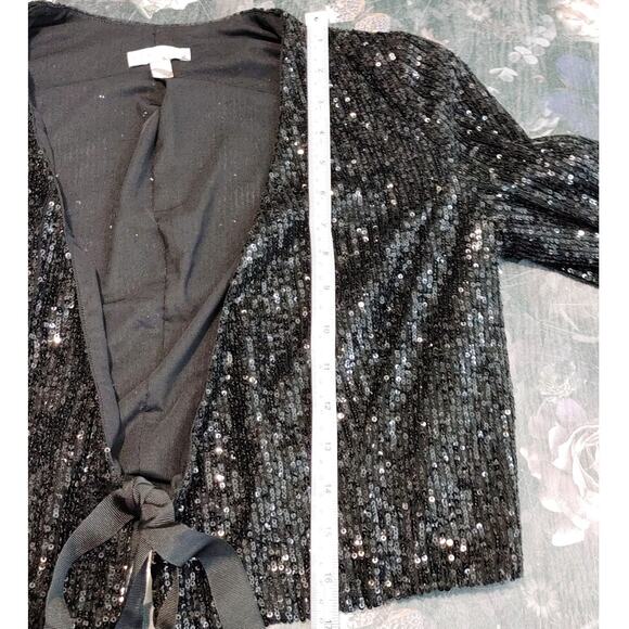 ML Monique Lhuillier Sequin Wrap Crop Top Long Sleeve V-Neck Black Womens Sz XS - Picture 6 of 6